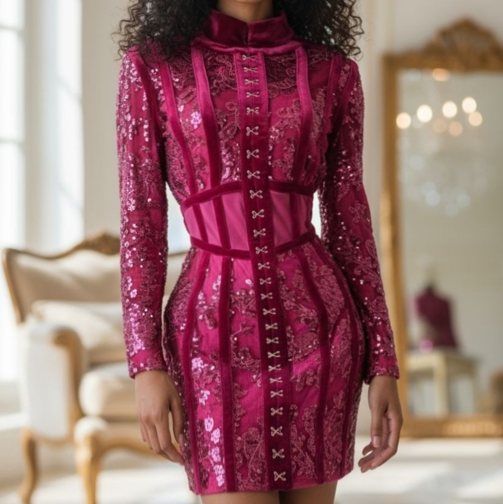 House Of CB Sequin and Velvet Deep Red Beautiful Dress